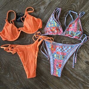 Zaful Bikini Lot Small – Neon Orange Pleated & Colorful Tile Print 2pc Swimsuits